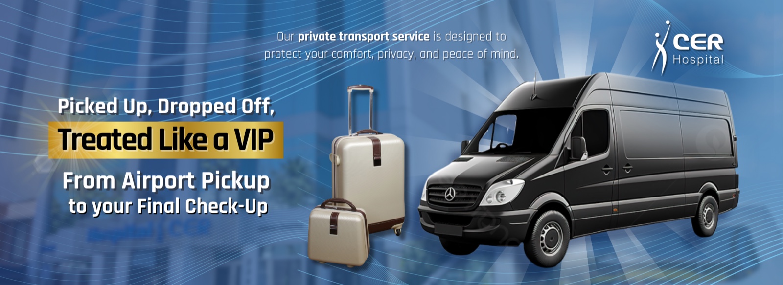 Hospital bulletin providing information about CER boutique Hospital’s patient transportation services.